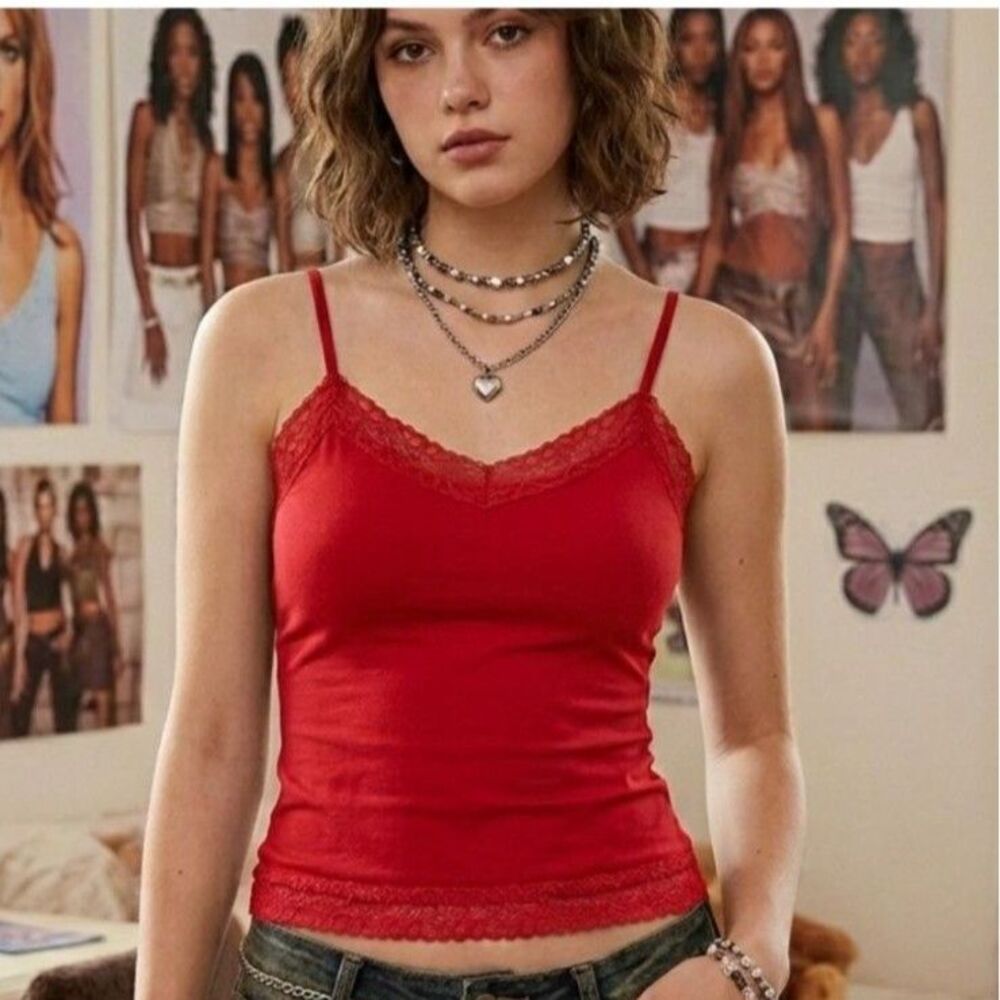 Vintage Womens Y2K Lace Trim Tank Top Cami Size M Red Preppy 90S Stretch Layers